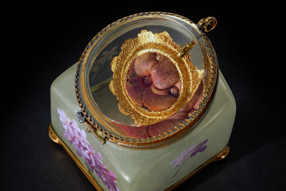 Jewelry Box, 19th Century Watch Holder, Enamel Glass, Violet Decoration, Legras Style, Case-photo-1