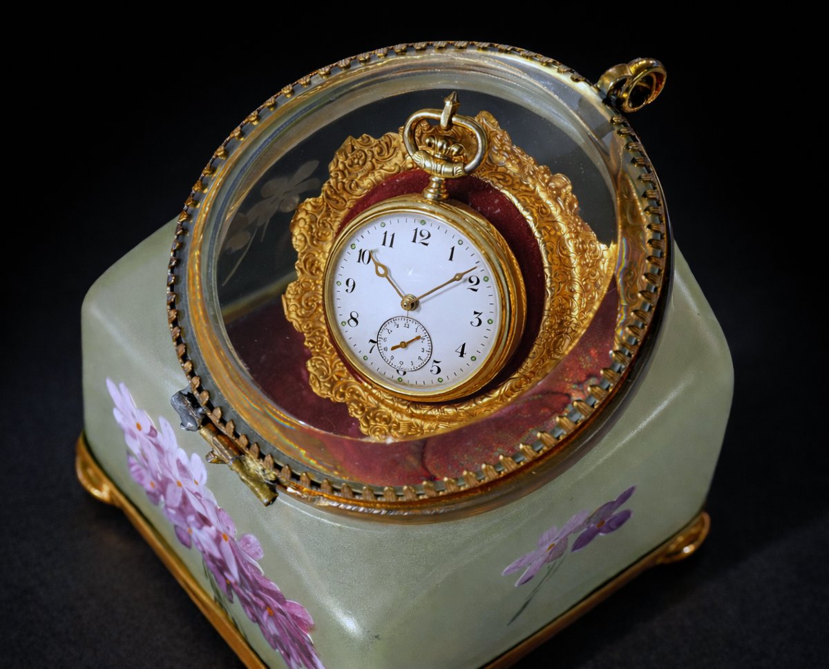 Jewelry Box, 19th Century Watch Holder, Enamel Glass, Violet Decoration, Legras Style, Case-photo-2