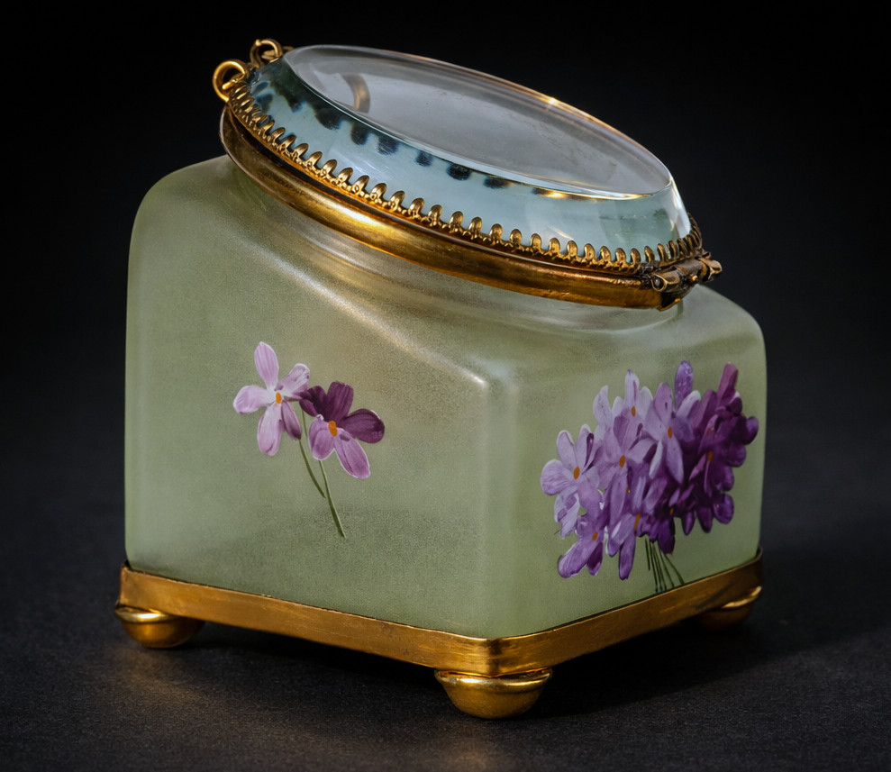 Jewelry Box, 19th Century Watch Holder, Enamel Glass, Violet Decoration, Legras Style, Case