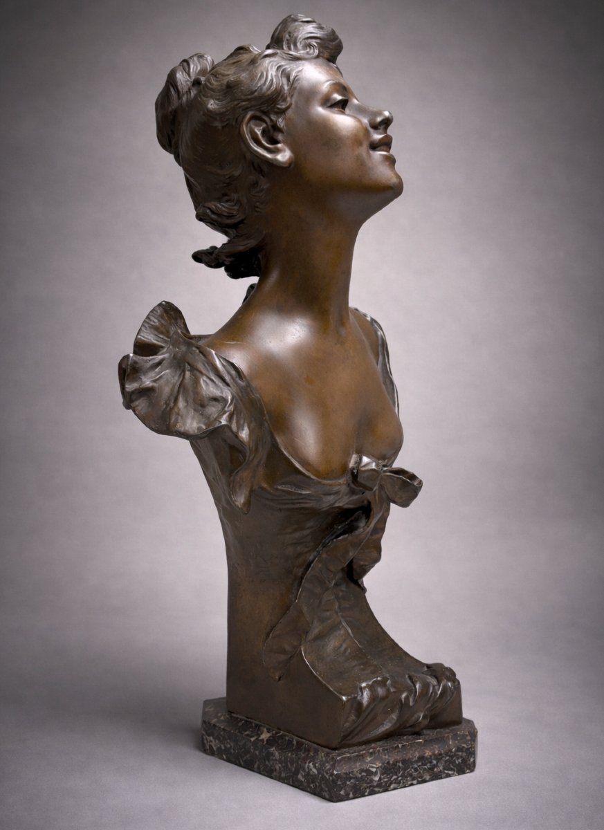 Grand Buste De Jeune Femme Style Art nouveau , Marbre , Patine bronze , Signé Hypolite Moreau-photo-2