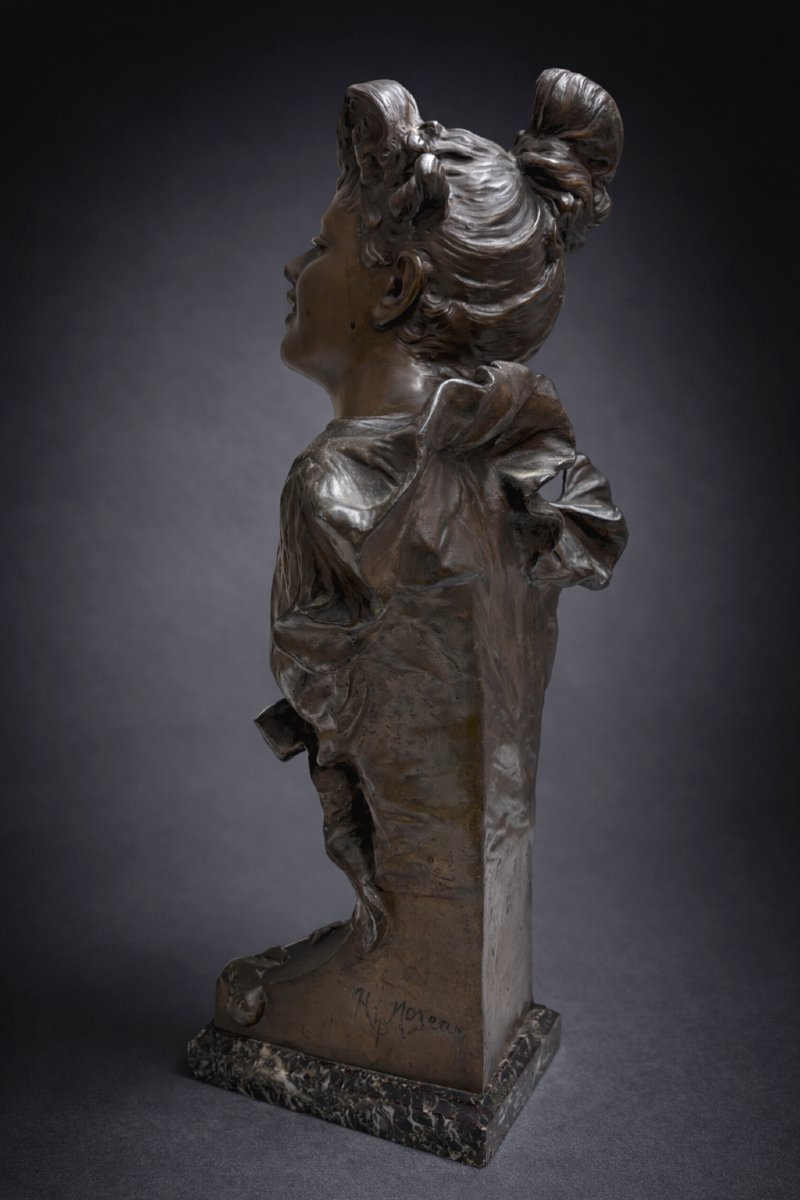 Grand Buste De Jeune Femme Style Art nouveau , Marbre , Patine bronze , Signé Hypolite Moreau-photo-2