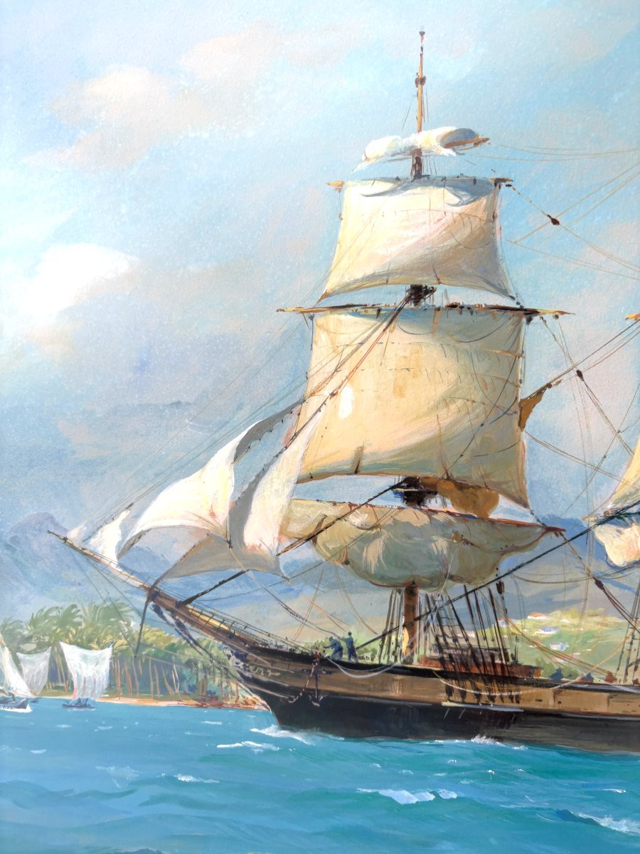 Grande Gouache Marine , Voilier Trois Mats Signé Roger Chapelet , Peintre De la Marine Antilles-photo-2