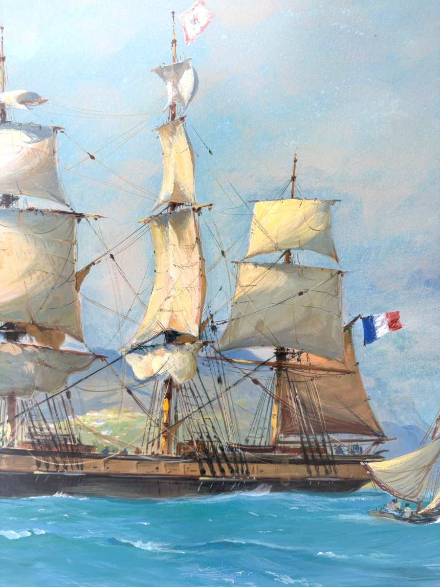 Grande Gouache Marine , Voilier Trois Mats Signé Roger Chapelet , Peintre De la Marine Antilles-photo-3