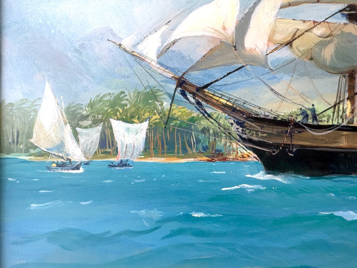 Grande Gouache Marine , Voilier Trois Mats Signé Roger Chapelet , Peintre De la Marine Antilles-photo-4