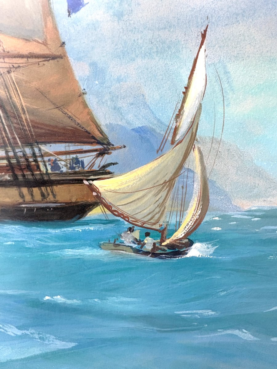 Grande Gouache Marine , Voilier Trois Mats Signé Roger Chapelet , Peintre De la Marine Antilles-photo-2