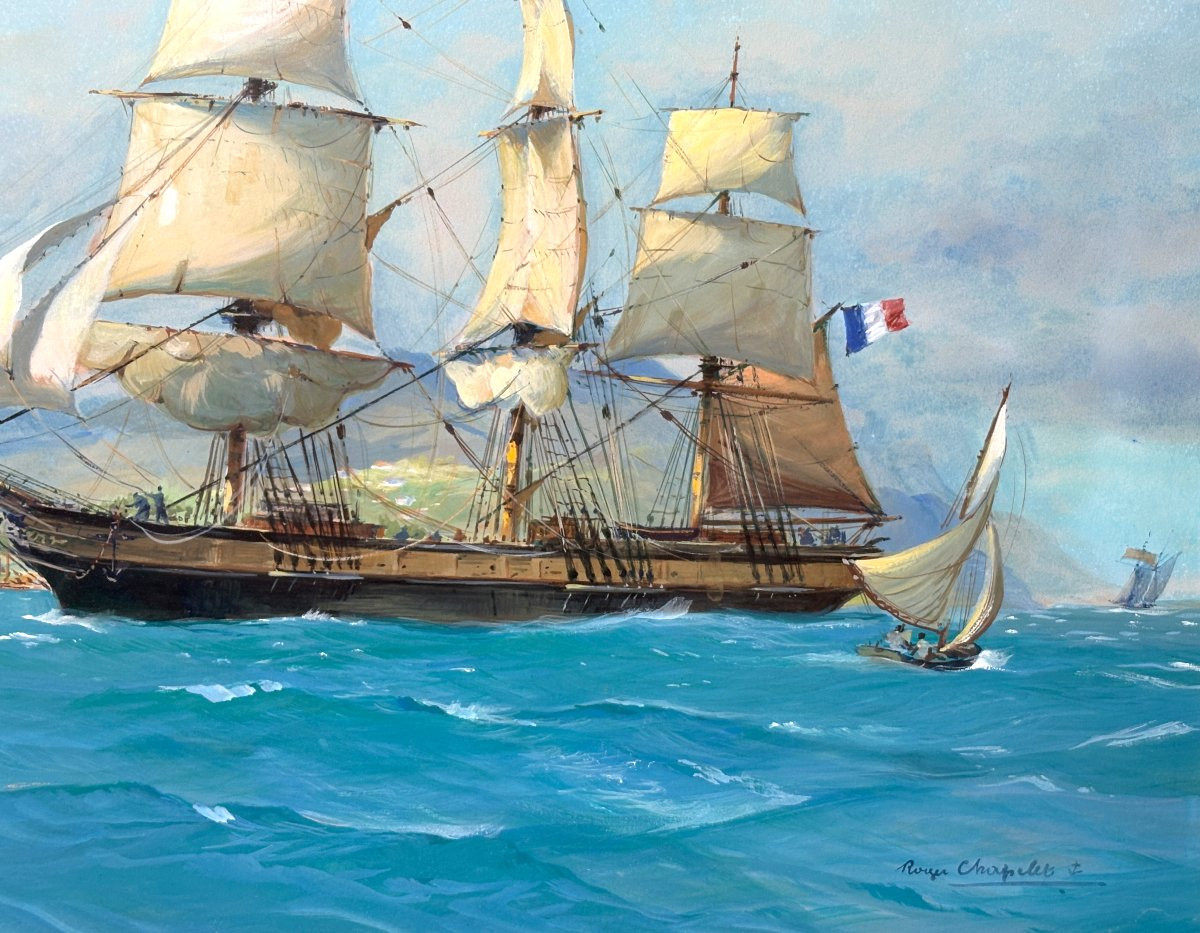 Grande Gouache Marine , Voilier Trois Mats Signé Roger Chapelet , Peintre De la Marine Antilles-photo-3