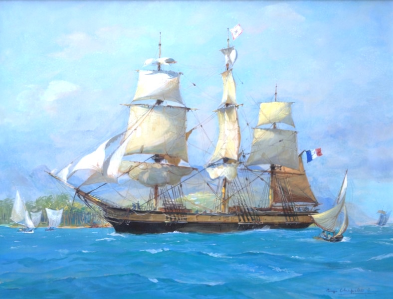 Grande Gouache Marine , Voilier Trois Mats Signé Roger Chapelet , Peintre De la Marine Antilles
