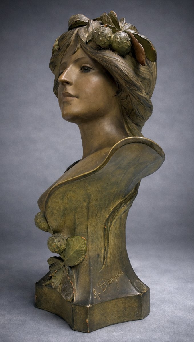 19th Century Terracotta Bust, Young Woman In Art Nouveau Style, Signed André Bruyas 1900 -photo-2