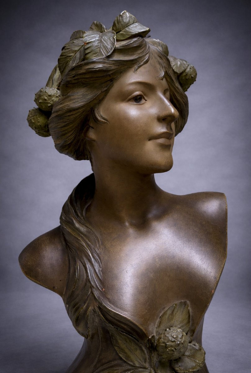 19th Century Terracotta Bust, Young Woman In Art Nouveau Style, Signed André Bruyas 1900 -photo-4