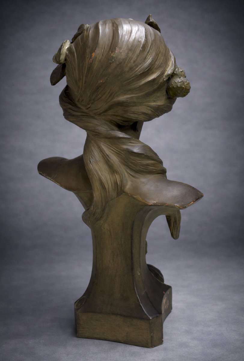 19th Century Terracotta Bust, Young Woman In Art Nouveau Style, Signed André Bruyas 1900 -photo-2