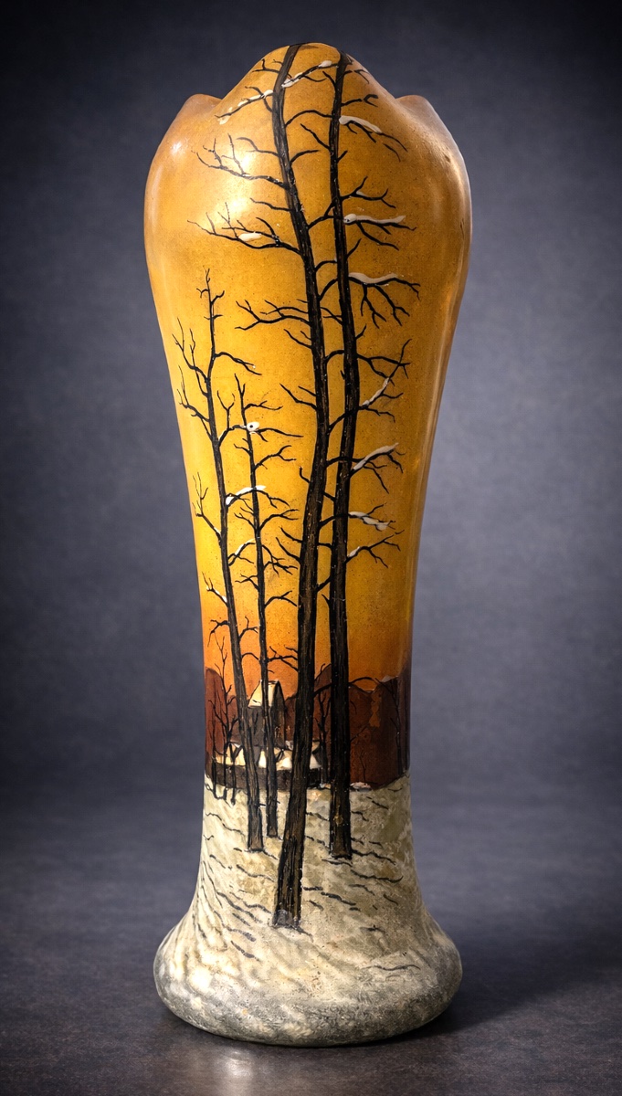 Paire De Vases En Verre Émaillé , Belgrade Théodore Legras , XIXe , Paysage De Neige-photo-2