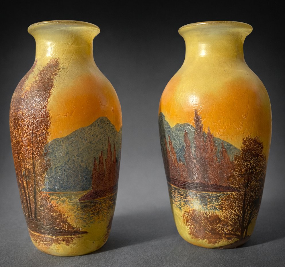 Paire De Vases en Verre Emaillé , Decor Lacustre , Signés Theodore Legras XIXe , Lac , Foret -photo-4