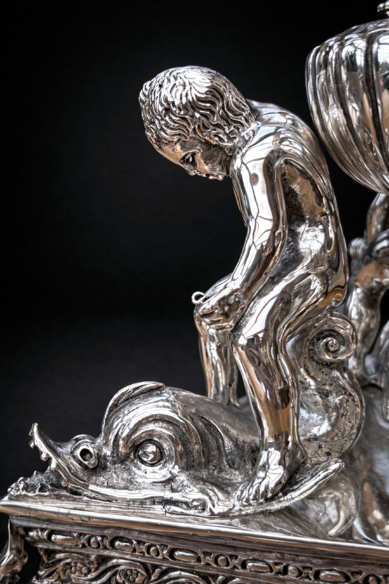 Important Centerpiece/inkwell, Napoleon III Period, Renaissance Style, Silvered Bronze -photo-3