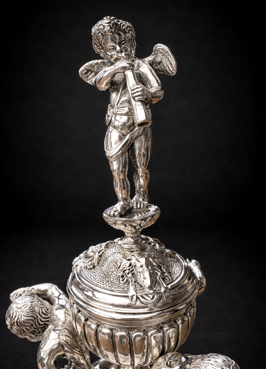 Important Centerpiece/inkwell, Napoleon III Period, Renaissance Style, Silvered Bronze -photo-4
