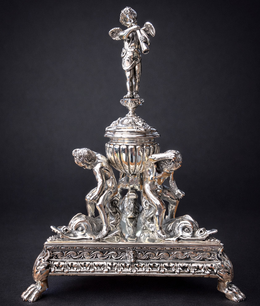 Important Centerpiece/inkwell, Napoleon III Period, Renaissance Style, Silvered Bronze -photo-2