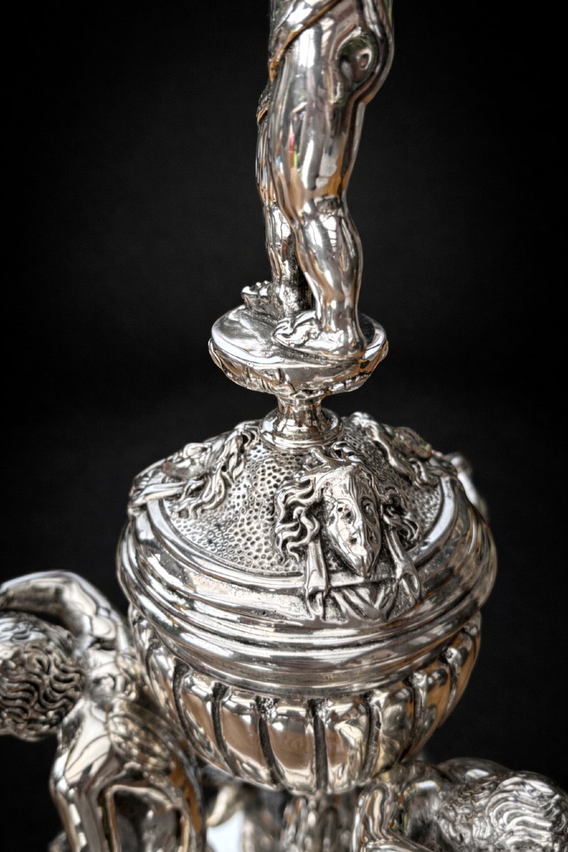 Important Centerpiece/inkwell, Napoleon III Period, Renaissance Style, Silvered Bronze -photo-1