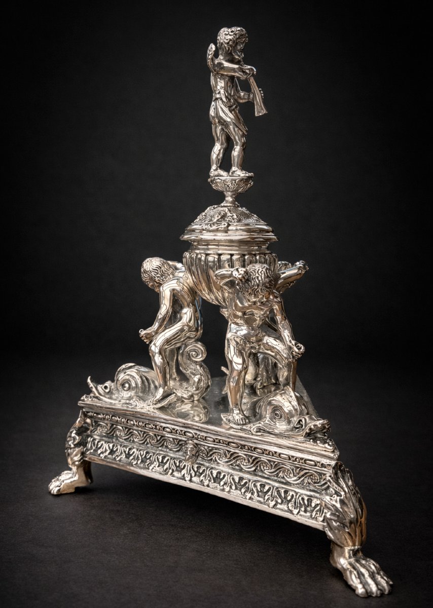Important Centerpiece/inkwell, Napoleon III Period, Renaissance Style, Silvered Bronze -photo-2