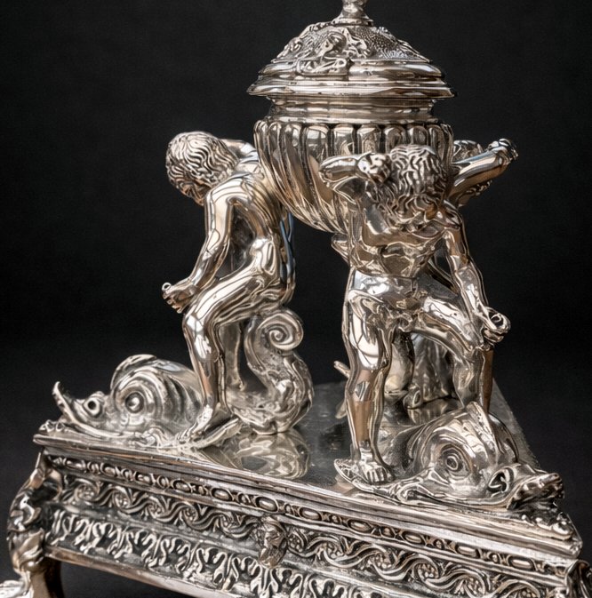 Important Centerpiece/inkwell, Napoleon III Period, Renaissance Style, Silvered Bronze -photo-3