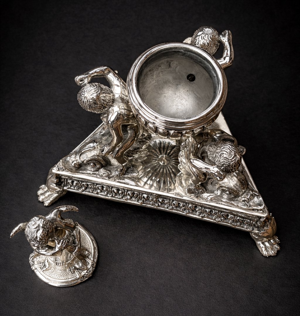 Important Centerpiece/inkwell, Napoleon III Period, Renaissance Style, Silvered Bronze -photo-5