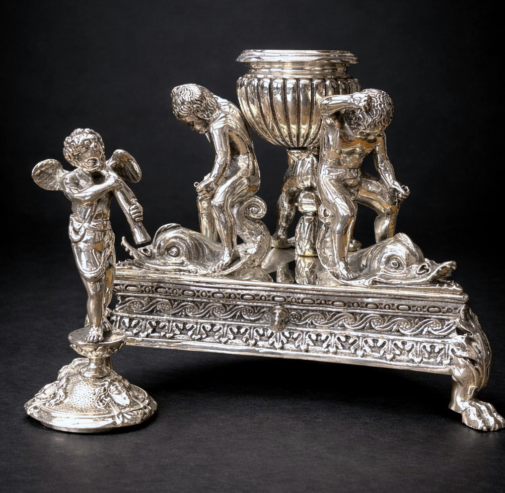 Important Centerpiece/inkwell, Napoleon III Period, Renaissance Style, Silvered Bronze -photo-4