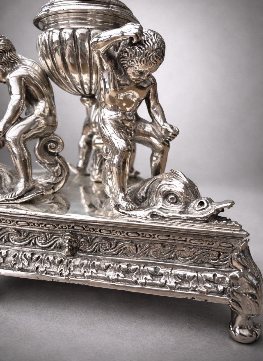 Important Centerpiece/inkwell, Napoleon III Period, Renaissance Style, Silvered Bronze -photo-6