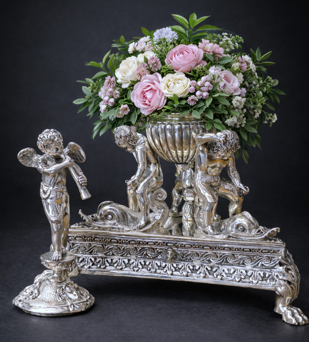 Important Centerpiece/inkwell, Napoleon III Period, Renaissance Style, Silvered Bronze 