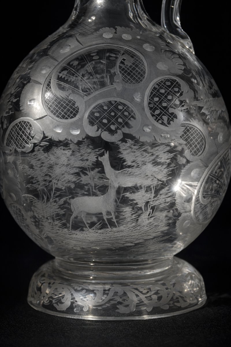 19th Century Carafe/ewer In Engraved Glass, Hunting Scene; Deer, Dog; Birds, Hunting Scene-photo-3