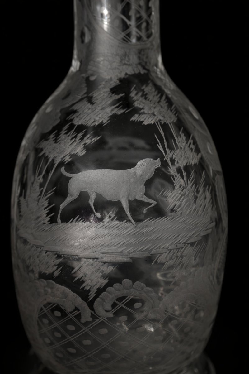 19th Century Carafe/ewer In Engraved Glass, Hunting Scene; Deer, Dog; Birds, Hunting Scene-photo-4