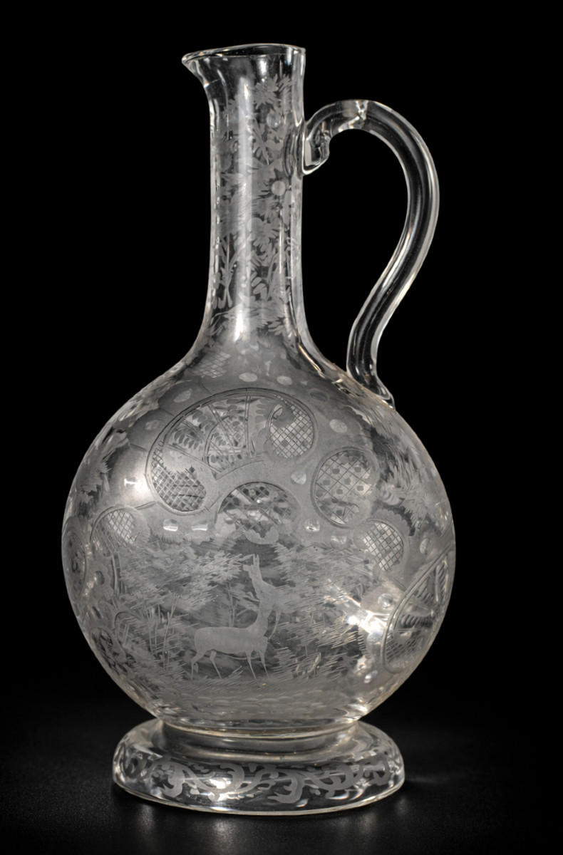19th Century Carafe/ewer In Engraved Glass, Hunting Scene; Deer, Dog; Birds, Hunting Scene