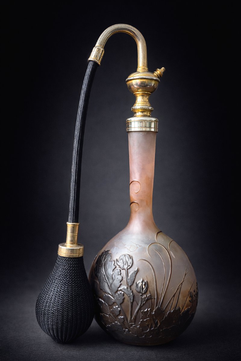 Vaporisateur Art Nouveau , Signé Emile Gallé , XIXe , Flacon à Parfum , Decor Floral , Verre-photo-3