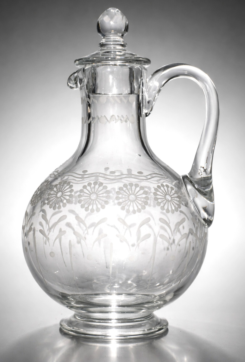 Ancienne carafe normande , Verre Sablé / Gravé XIXe siecle , Verrerie , Carfon / Pichet 