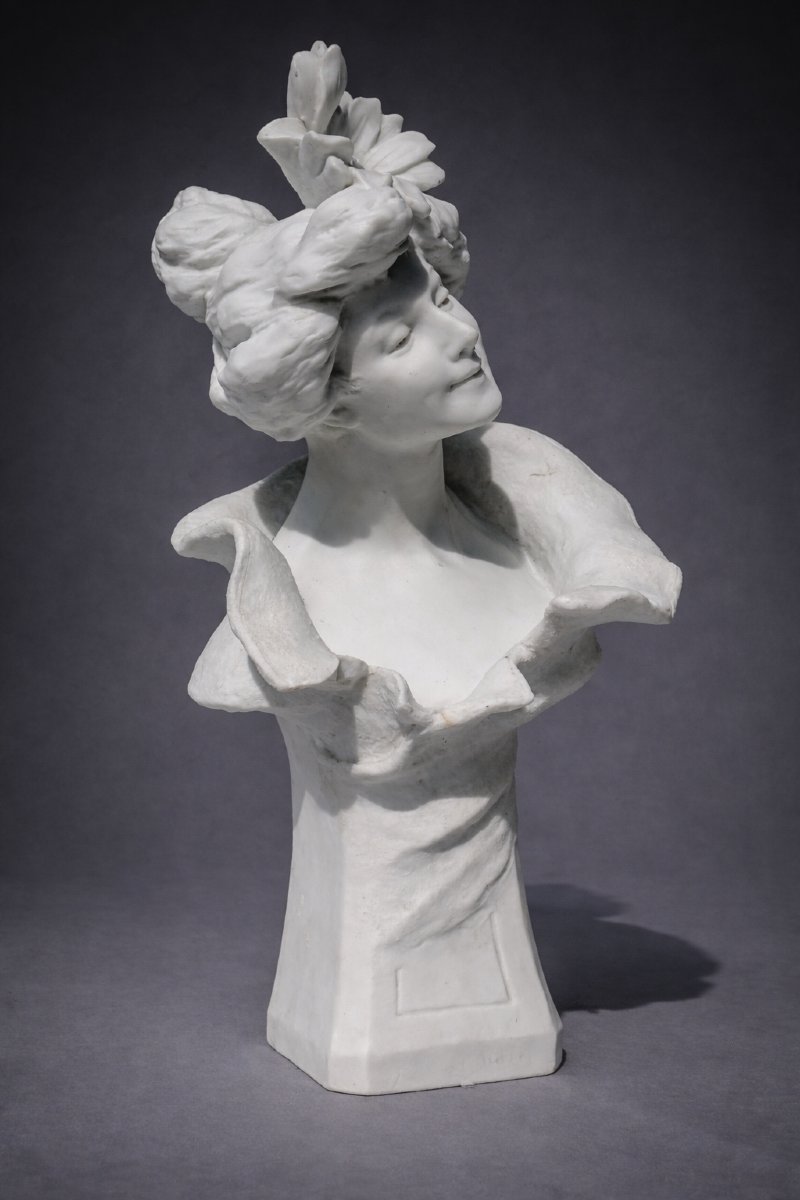 Natural Biscuit Porcelain Bust, Young Woman In Art Nouveau Style, Circa 1900, 19th Century, Signed-photo-3