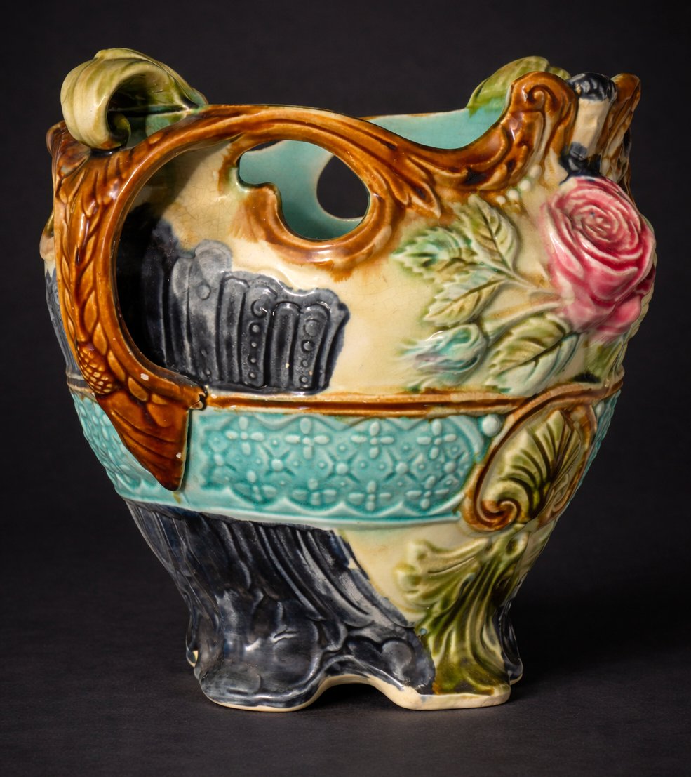 Cache Pot En Barbotine , Epoque 1900 , Style Art Nouveau , Onnaing XIXe , Nord France  , Vase-photo-4
