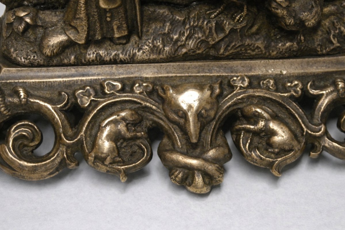 Napoleon III Era Watch Stand, 19th Century Fable, Bronze, Bas-relief, Curiosity, Anticlerical-photo-1