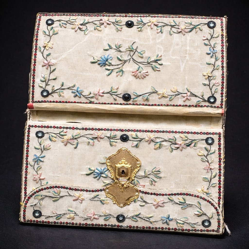 Louis XVI Period Wallet, Object Of Virtue, 18th Century, Silk Embroidery, Notebook, Gold Clasp-photo-3