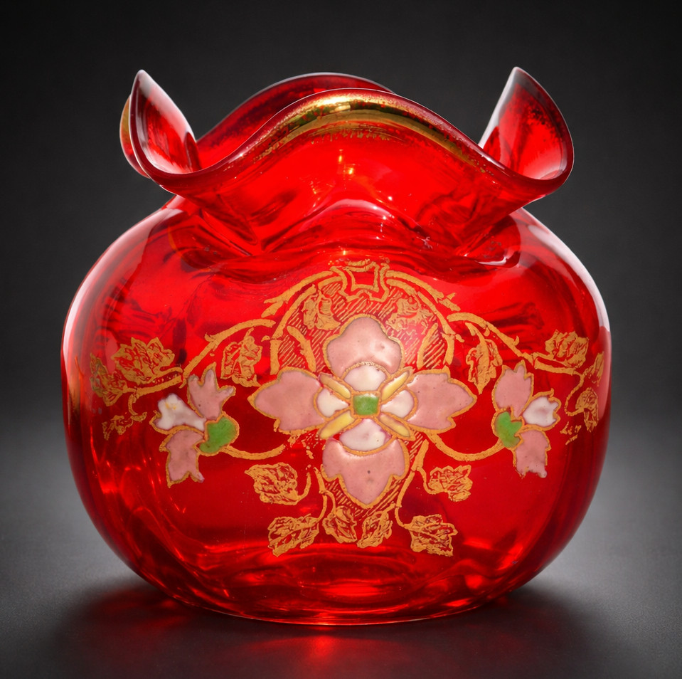 Enamelled Glass Ball Vase, Merovech Model By Theodore Legras, Ruby Red, 19th Century Art Nouveau