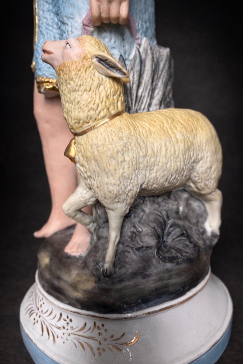 Large Polychrome Biscuit Figurine, Napoleon III, Saint John The Baptist, Paschal Lamb, 19th Century-photo-3