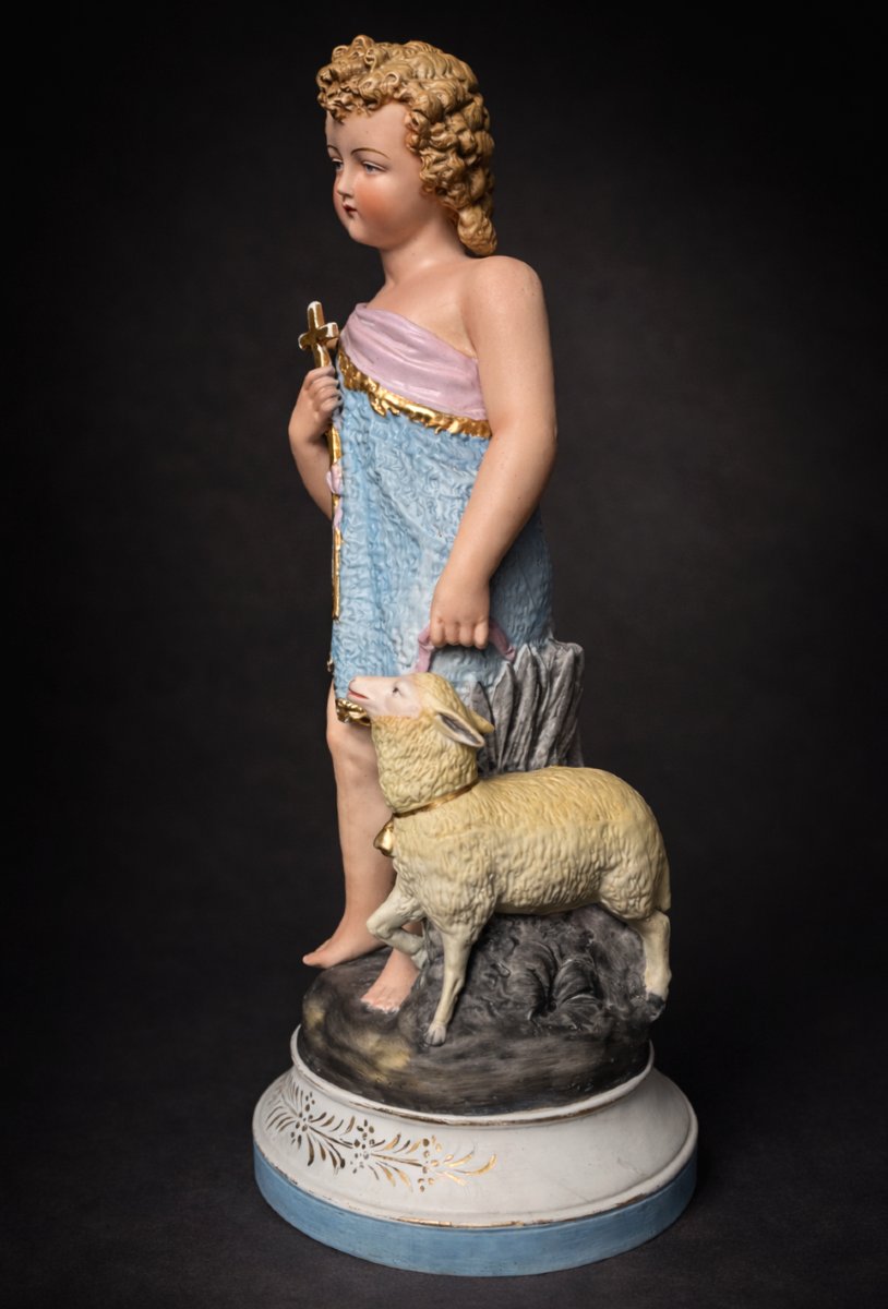 Large Polychrome Biscuit Figurine, Napoleon III, Saint John The Baptist, Paschal Lamb, 19th Century-photo-4