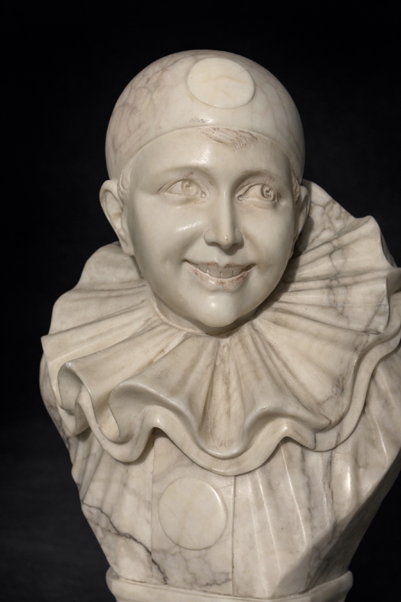 Buste En Albatre , Enfant / Pierrot , 1900 , Comedia del Arte signé Pinerchi , Sculpture -photo-4