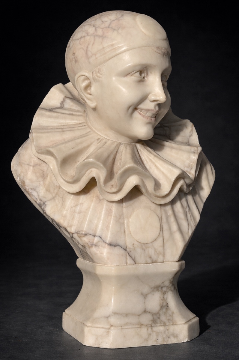 Buste En Albatre , Enfant / Pierrot , 1900 , Comedia del Arte signé Pinerchi , Sculpture 