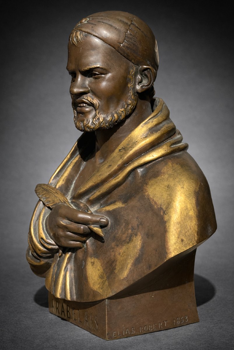 Buste en Bronze Patiné , François Rabelais , Signé Elias Robert , 1853 , Souvenir Historique-photo-3