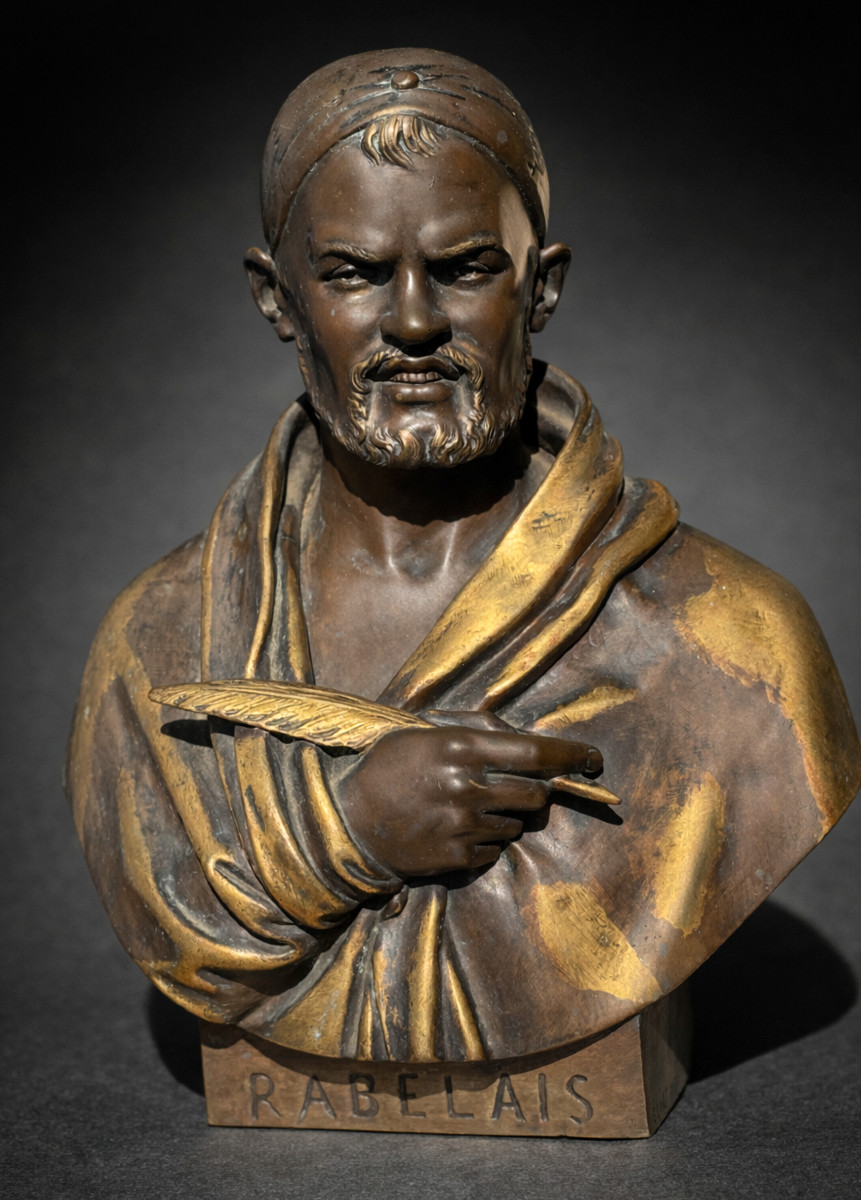 Buste en Bronze Patiné , François Rabelais , Signé Elias Robert , 1853 , Souvenir Historique