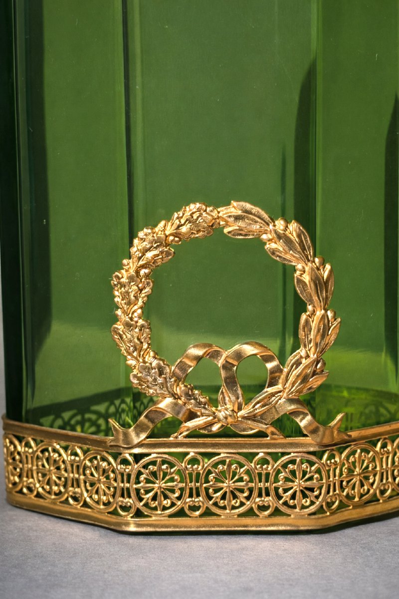 Vase Cristal & Laiton Doré , Style Premier Empire , Vert Absinthe , XIXe , Baccarat Couronne -photo-2