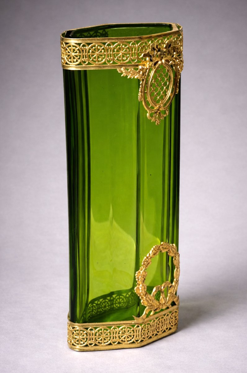 Vase Cristal & Laiton Doré , Style Premier Empire , Vert Absinthe , XIXe , Baccarat Couronne -photo-4