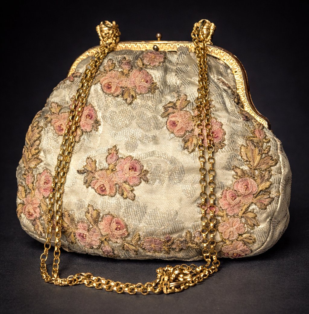 Sac / Reticule , Epoque 1820 , Monture à l'etrusque , Broderie , Panier de Fleurs , Bourse -photo-3