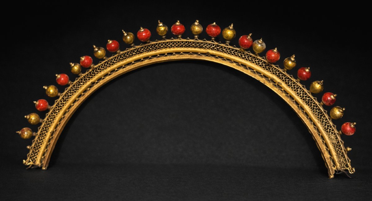 Peigne De Cheveux / Diademe Epoque Empire , Perles de Verre Corail / Or , 1820 , Grenats-photo-4