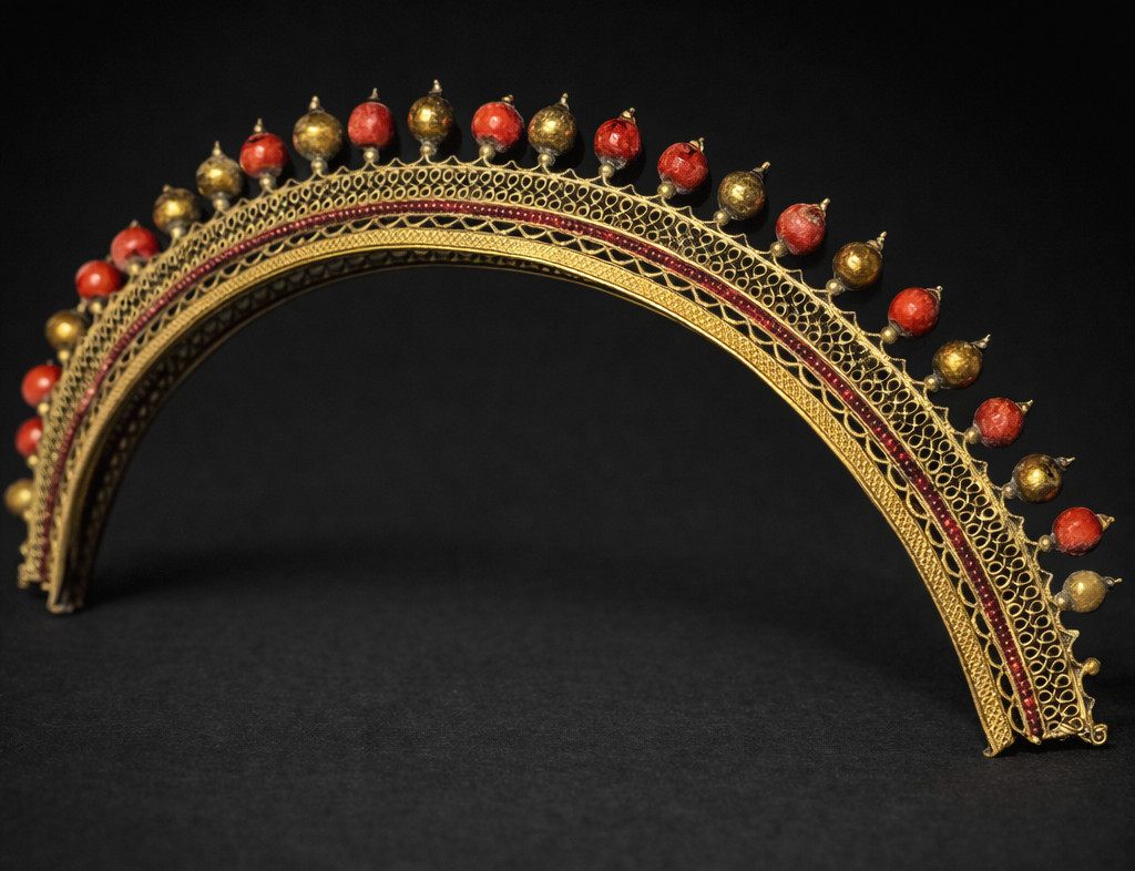 Peigne De Cheveux / Diademe Epoque Empire , Perles de Verre Corail / Or , 1820 , Grenats