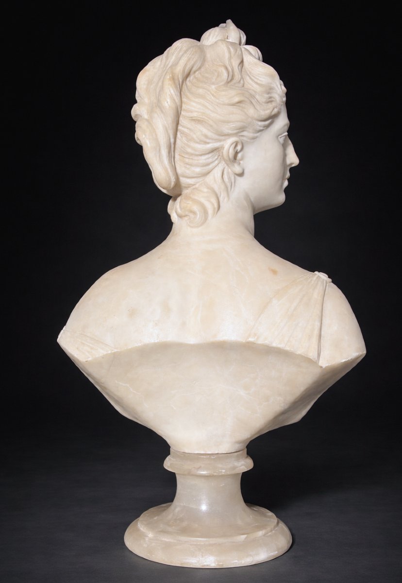 Large Alabaster Bust, Diana The Huntress After Houdon, Mythology, Young Woman 18th Century-photo-3