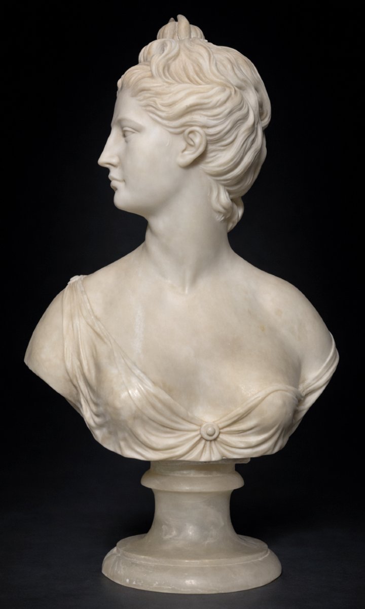 Large Alabaster Bust, Diana The Huntress After Houdon, Mythology, Young Woman 18th Century-photo-3