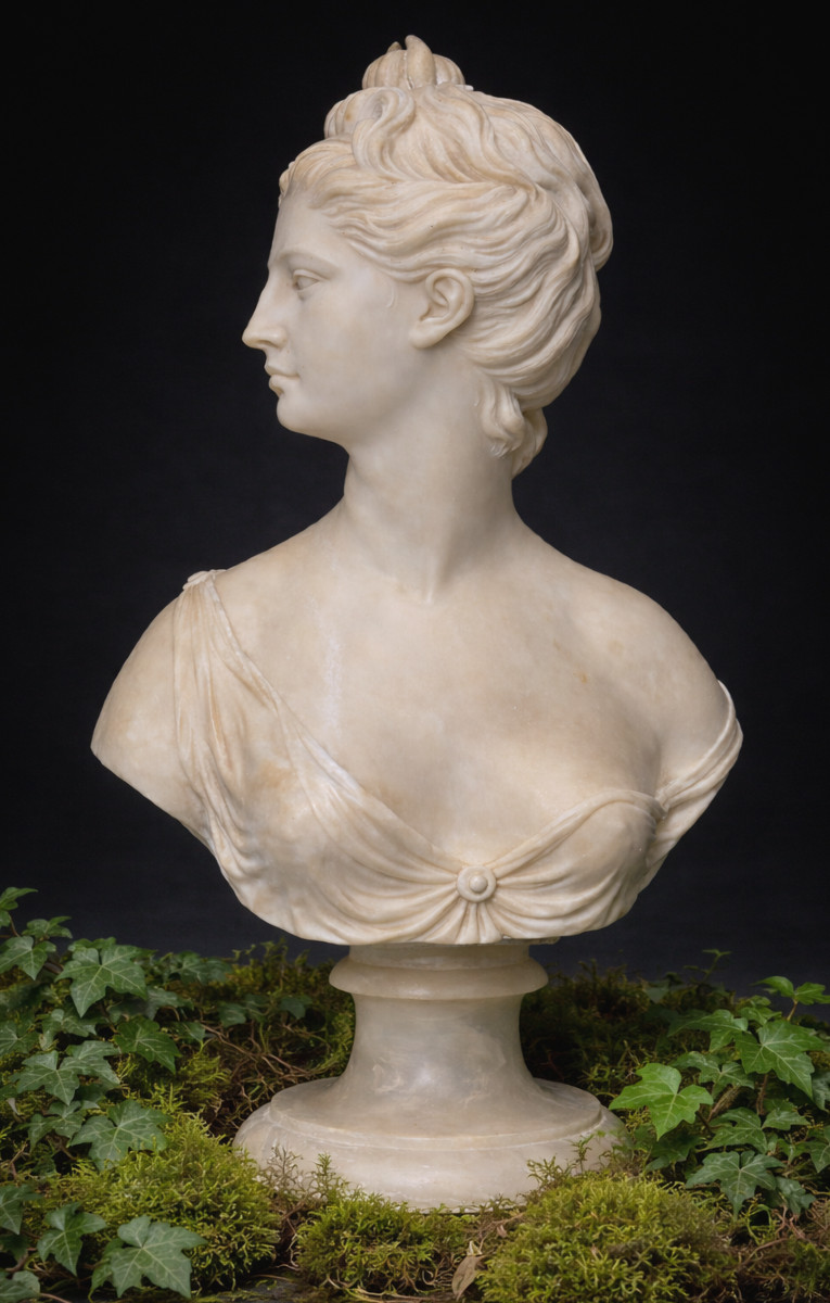 Large Alabaster Bust, Diana The Huntress After Houdon, Mythology, Young Woman 18th Century